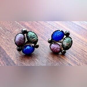 VTG Bal-Ron 12K Gold Filled Carved Stone 3 Scarab Screw Back Earrings Blue Pink